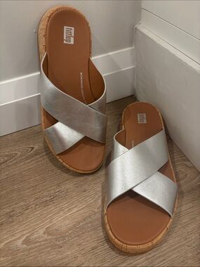 Fitflop F Mode Metallic Silver Slide Sandals